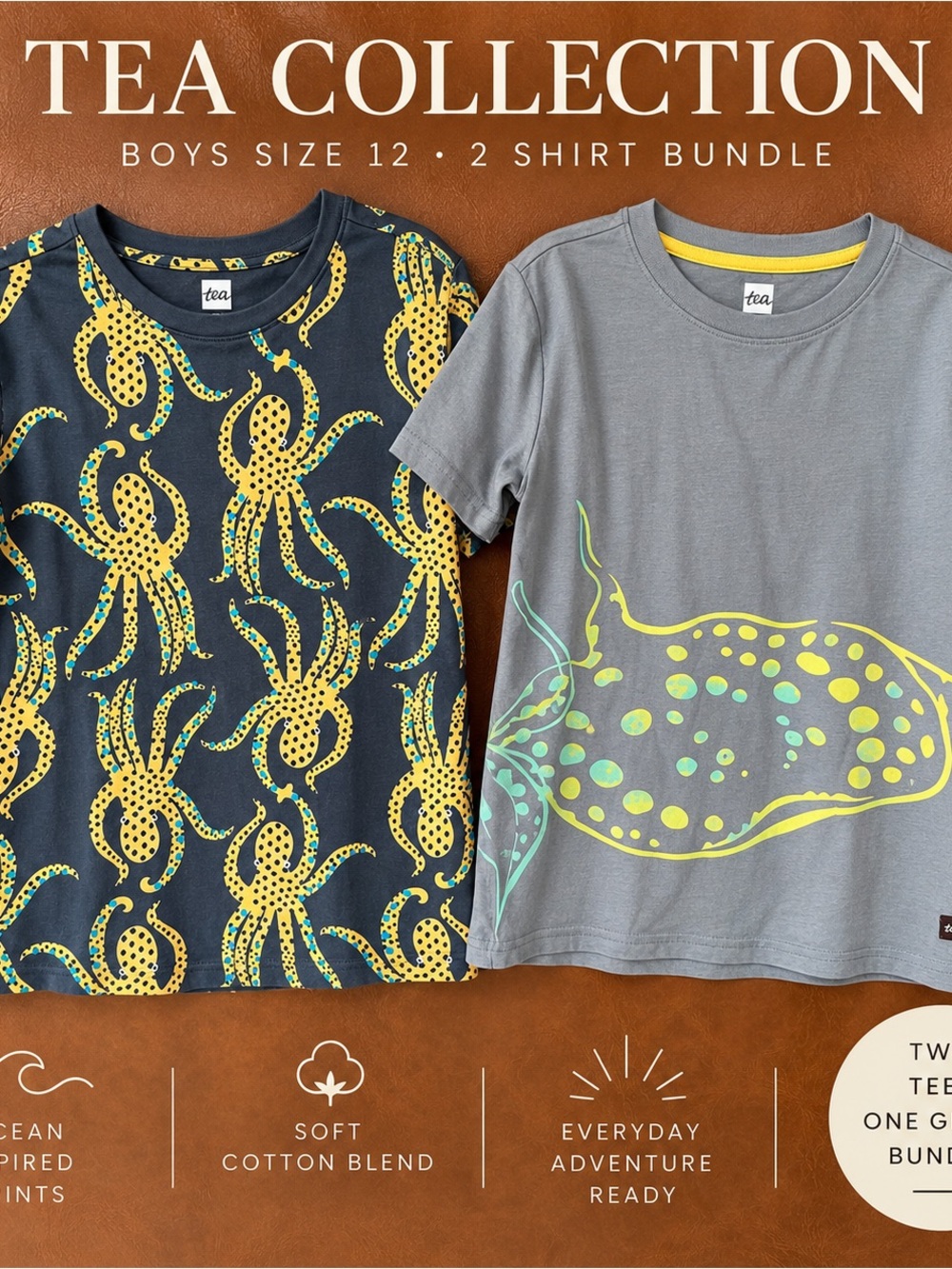 Tea Collection Boys 12 Ocean Graphic Shirt Bundle Octopus Stingray